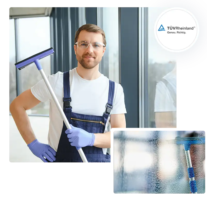 Gebäudereinigung - Kurzhaariger Mann mit blauem Overarroll und einem Glasreiniger in der Hand - Clean Team